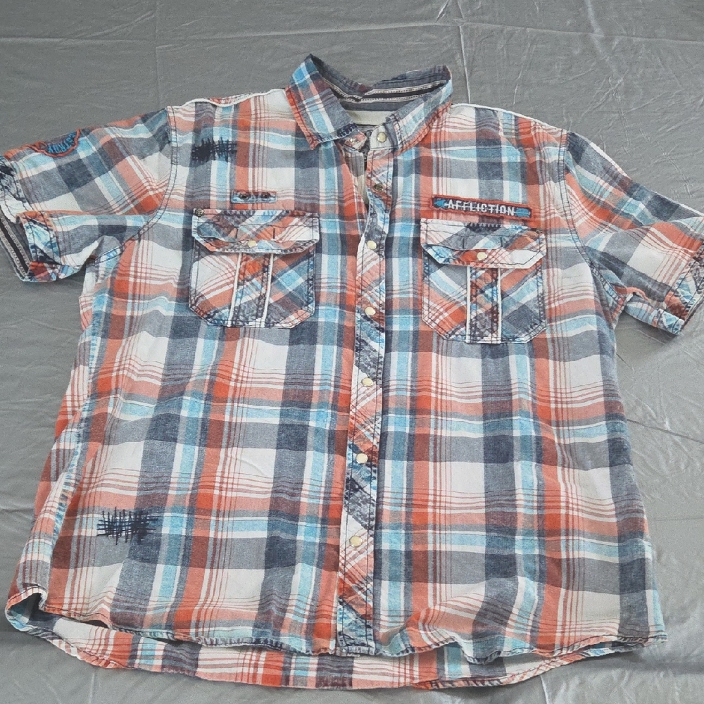 Affliction Men’s Short-Sleeve Plaid Button-Down in Orange, Blue & White Size XL
